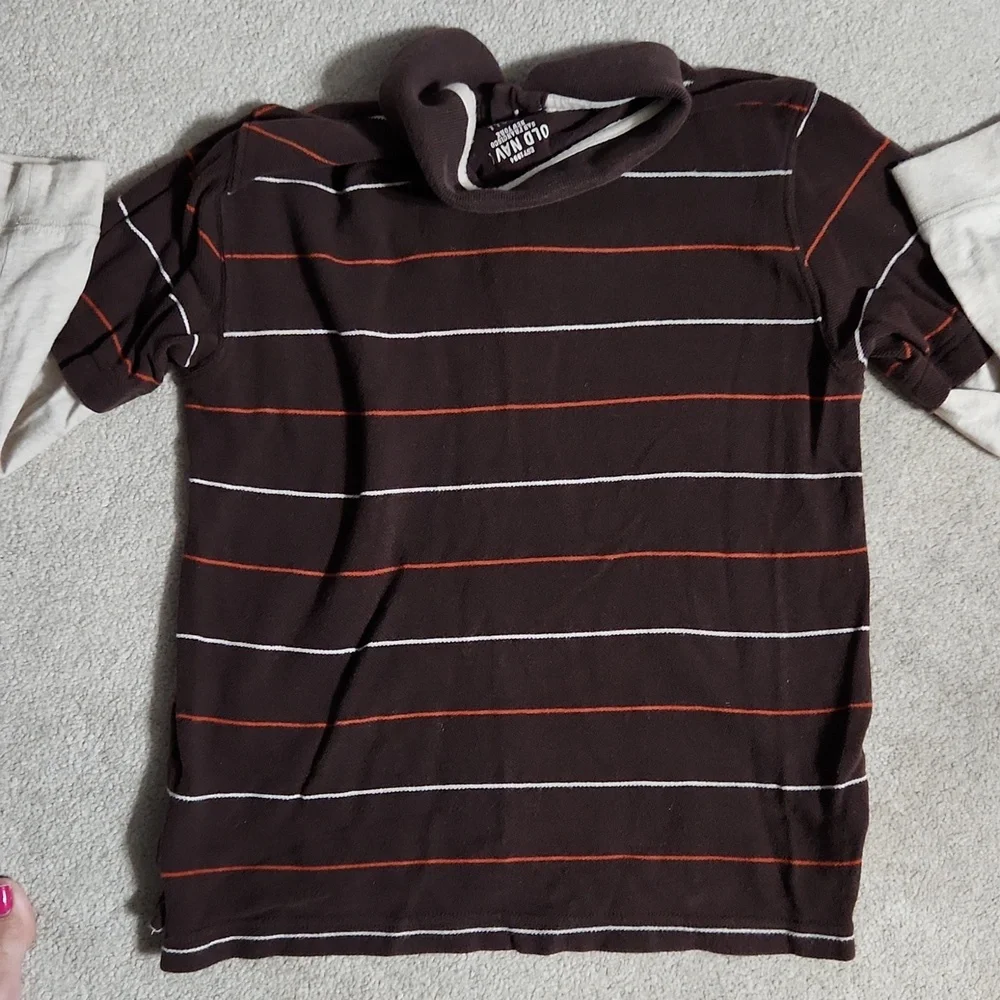 Old Navy Boys Brown Long Sleeve Striped Shirt with Cream Sleeves - Small